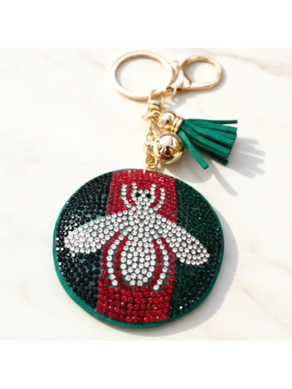 🐝🆕🐝 Green and Red Crystal Bee Keyring Bag Charm with Tassel